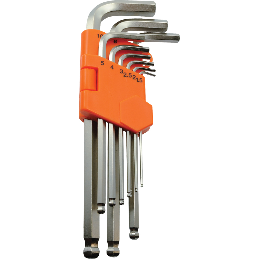 9 Piece Metric Ball End Long Hex Key Set, 1.5mm - 10mm