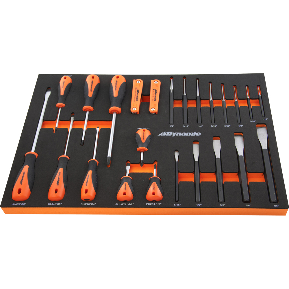 25 Piece Screwdriver, Hex Key, Punch & Chisel Set With Foam Tool Organizer