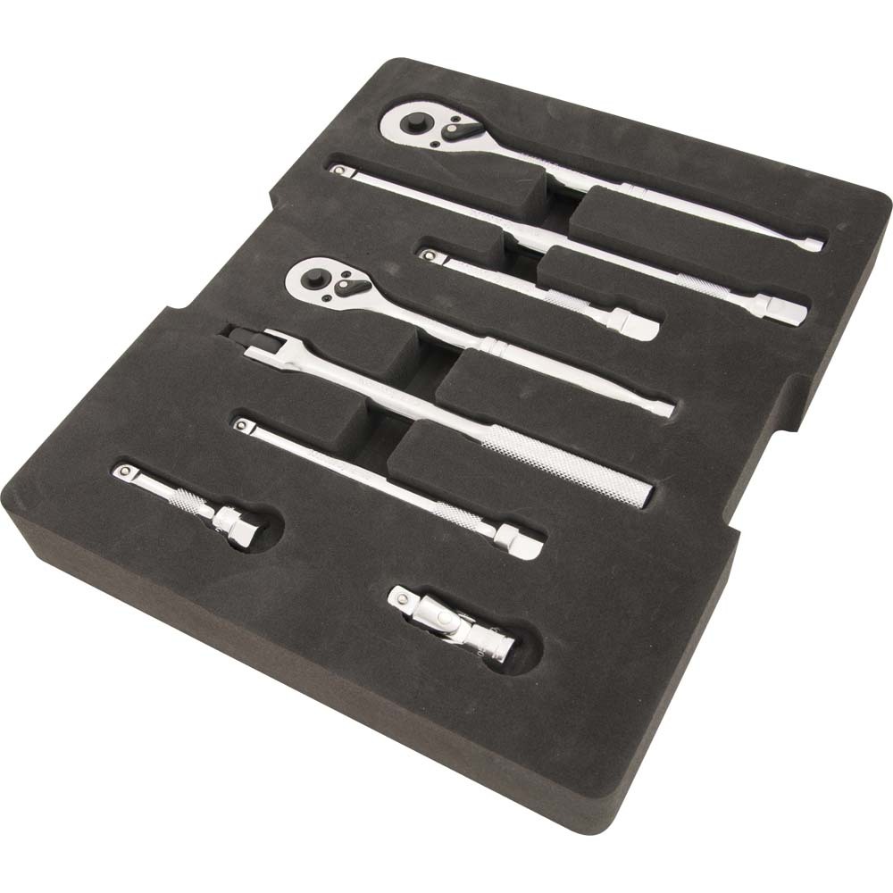 9 Piece Ratchet, Extension, U-Joint and Flex Handle Set, 3/8&#34; and 1/2&#34; Drive, With Foam To