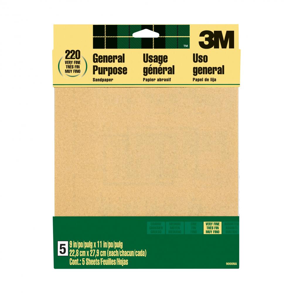 3M™ General Purpose Sandpaper 9000NA, Aluminum Oxide, 220 Grit, Very Fine, 9 in x 11 in, 5/Pack