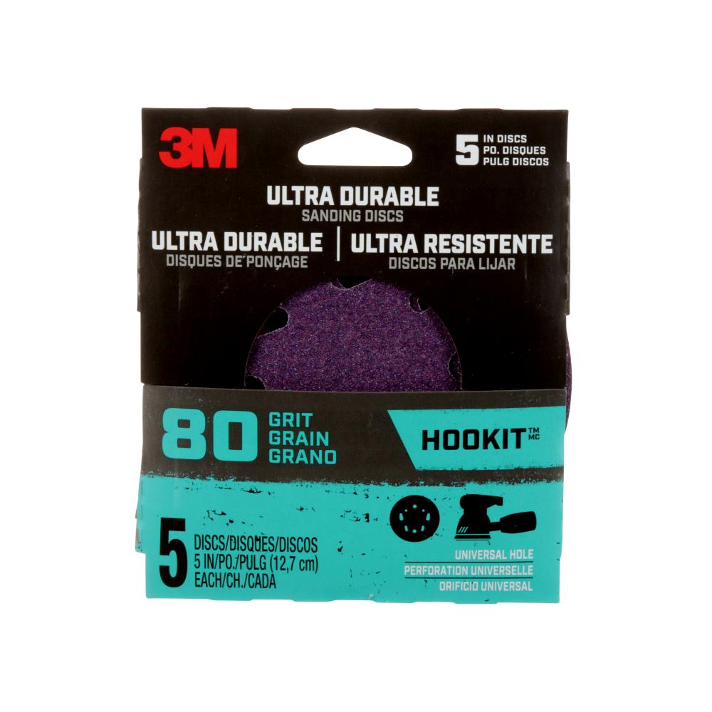 3M™ Ultra Durable 5 inch Power Sanding Discs, Universal Hole, 80 grit, Disc5in5pk80, 5/Pack