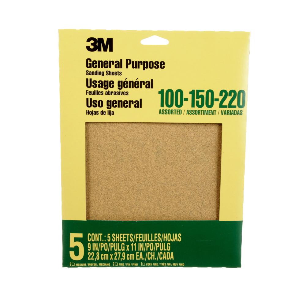 3M™ General Purpose Sandpaper 9005NA, Aluminum Oxide, Assorted Grit, 9 in x 11 in, 5/Pack