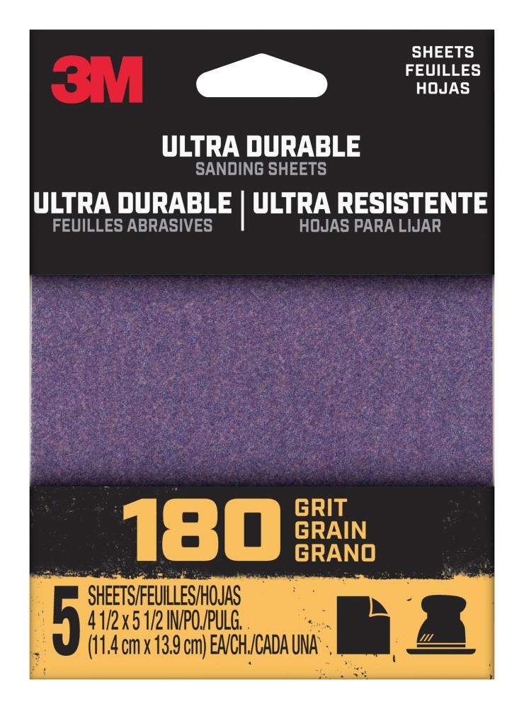 3M™ Ultra Durable Power Sanding 1/4 Sheet, 180 grit, 1/4Sht5pk180, 5/Pack