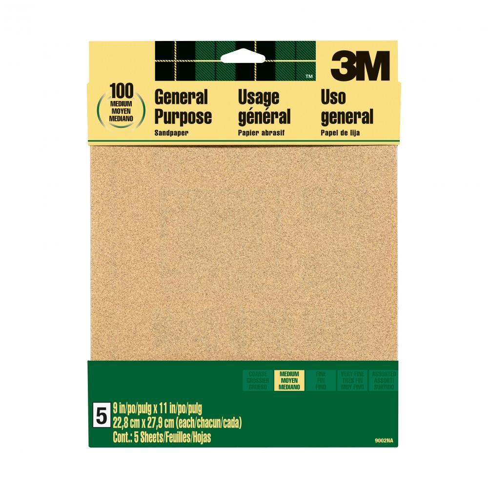 3M™ General Purpose Sandpaper 9002NA, Aluminum Oxide, 100 Grit, Medium, 9 in x 11 in, 5/Pack