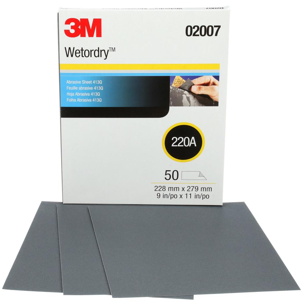 3M™ Wetordry™ Abrasive Sheet, 413Q, 02007, 220, A-weight, 9 in x 11 in (22.86 cm x 27.94)