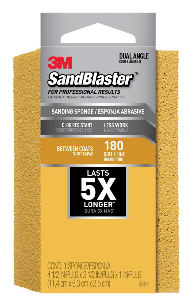 3M™ SandBlaster™ Sanding Sponge 9564, Dual Angle, 180 Grit, 4 1/2 in x 2 1/2 in x 1 in, 1/Pack