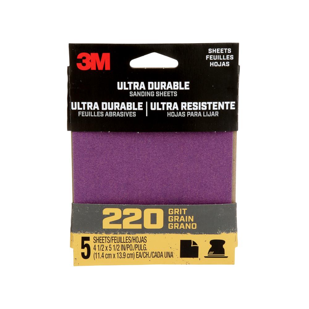 3M™ Ultra Durable Power Sanding 1/4 Sheet, 220 grit, 1/4Sht5pk220, 5/Pack