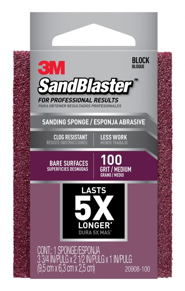 3M™ SandBlaster™ Sanding Sponge 20908-100, 100 Grit, 3 3/4 in x 2 1/2 in x 1 in, 1/Pack