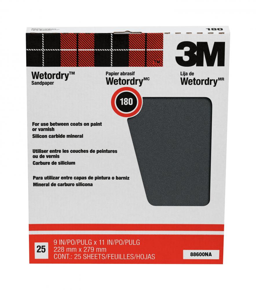 3M™ Wetordry™ Sandpaper 88600NA, 180 Grit, 9 in x 11 in, 25/Pack