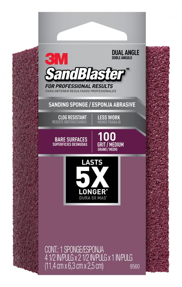 3M™ SandBlaster™ Sanding Sponge 9560, Dual Angle, 100 Grit, 4 1/2 in x 2 1/2 in x 1 in, 1/Pack