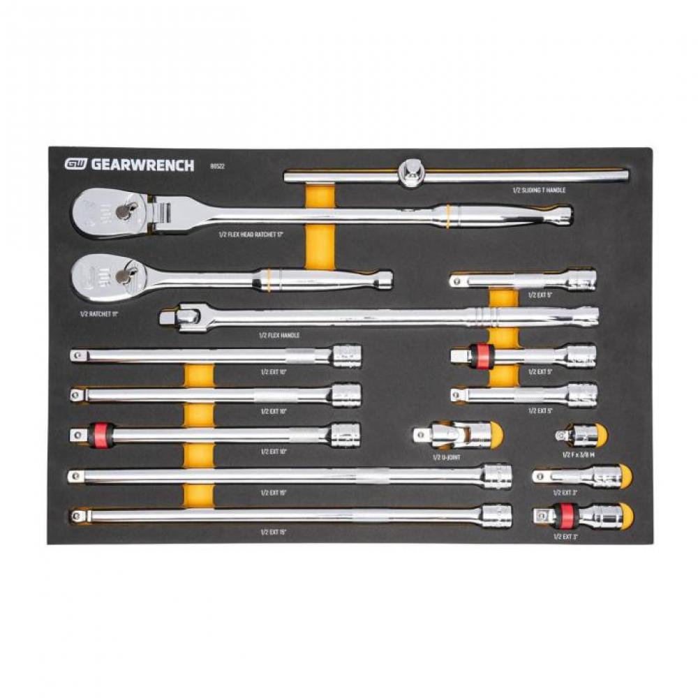 16 Pc. 1/2&#34; 90-Tooth Ratchet & Drive Tool Set with Foam Storage Tray