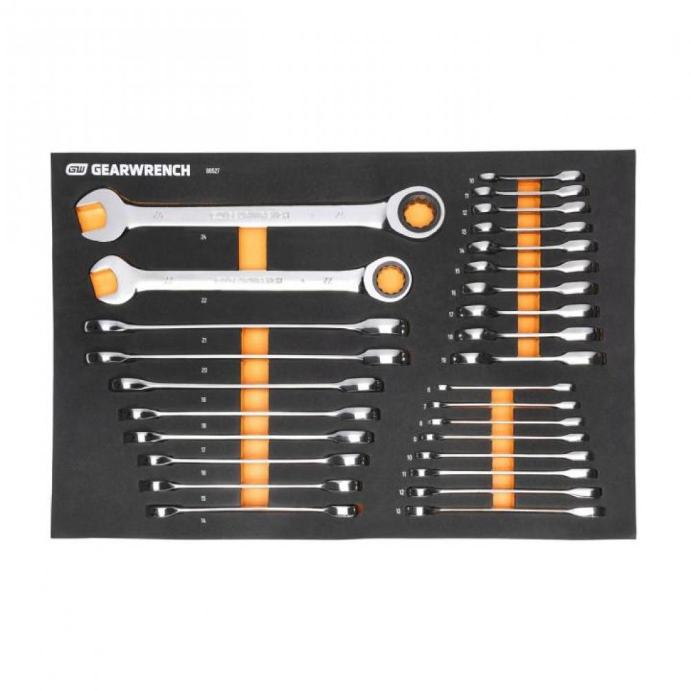 28 Pc. 72-Tooth 12 Point Metric Standard & Stubby Combination Ratcheting Wrench Set with Foam Storag