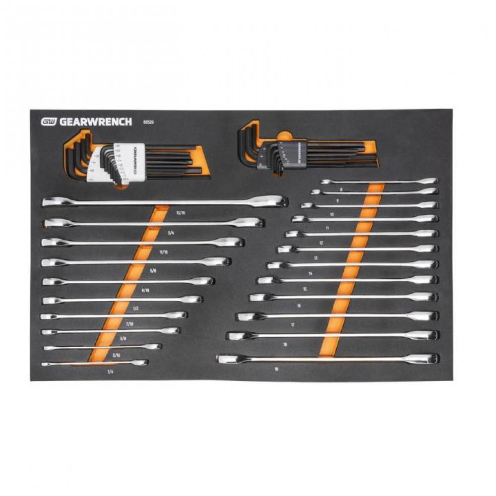 44 Pc. 90-Tooth SAE/Metric Combination Ratcheting Wrench & Long Arm Hex Key Set with Foam Storage Tr