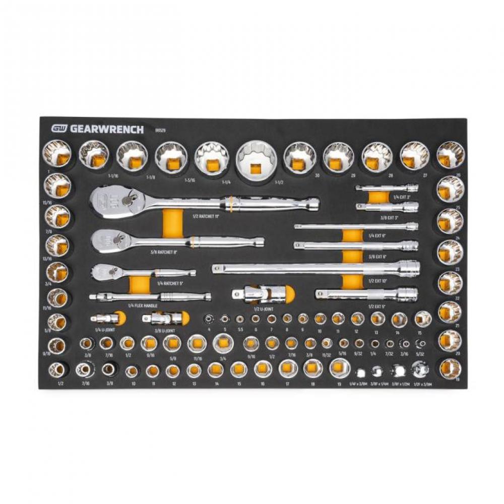 83 Pc. 1/4&#34;, 3/8&#34;, 1/2&#34; 90-Tooth SAE/Metric Mechanics Tool Set with Foam Storage Tray