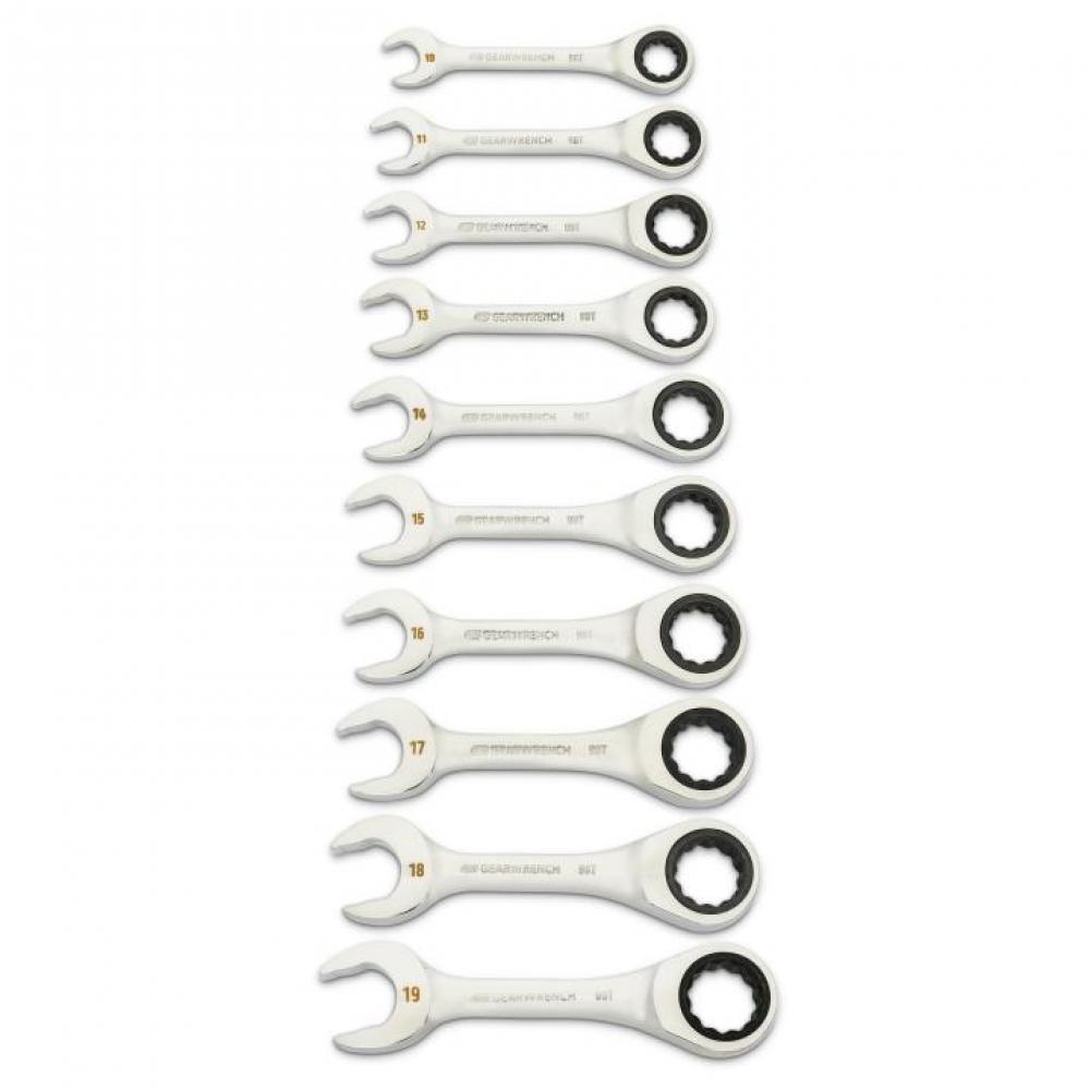 10 Pc. 90-Tooth 12 Point Metric Stubby Combination Ratcheting Wrench Set