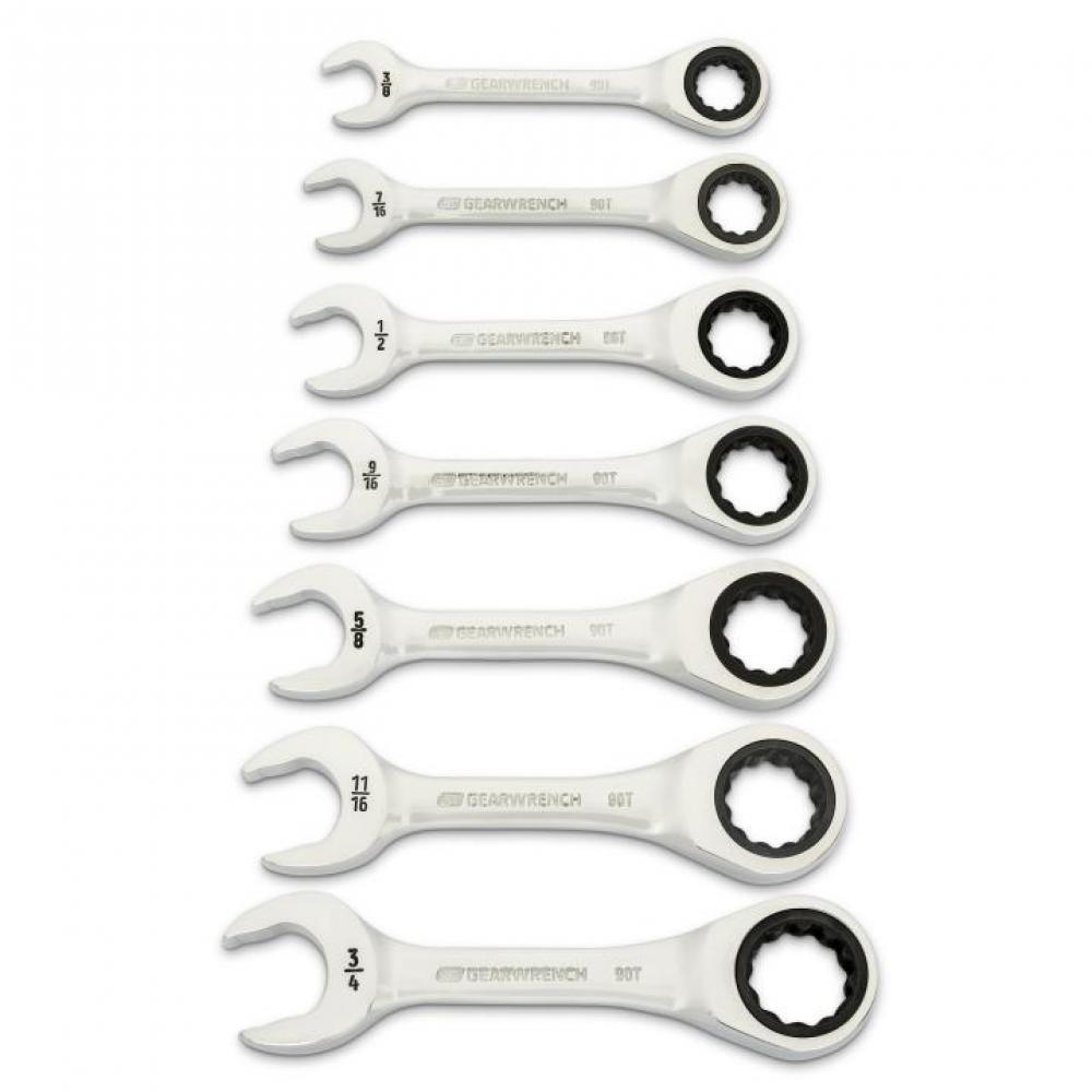 7 Pc. 90-Tooth 12 Point SAE Stubby Combination Ratcheting Wrench Set