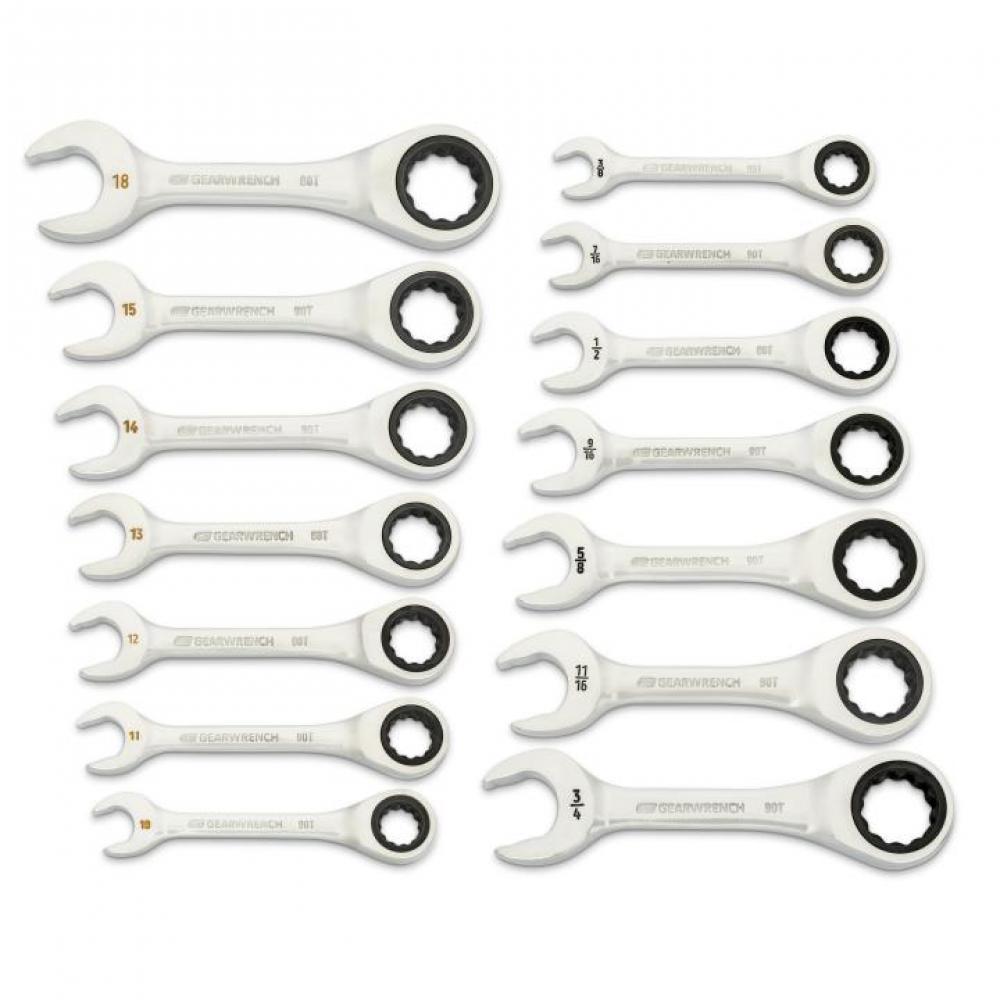 14 Pc. 90-Tooth 12 Point SAE/Metric Stubby Combination Ratcheting Wrench Set