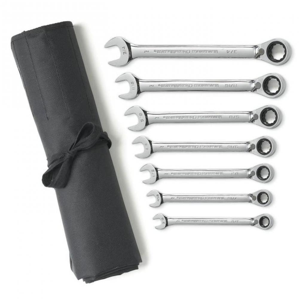 7 Pc. 72-Tooth 12 Point SAE Reversible Combination Ratcheting Wrench Set with Wrench Roll