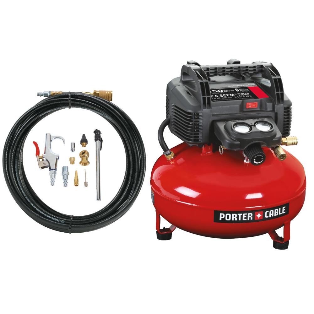 0.8 HP, 6 GALLON, 150 PSI, OIL-FREE, 2.6 SCFM, PANCAKE COMPRESSOR w/ACCY