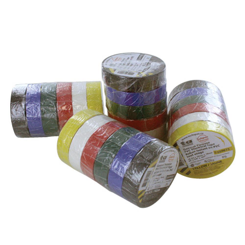 TAPE PVC ELEC BLACK/BLUE/GREEN/RED/WHITE/YELLOW 20PKS(120 ROLLS)/CTN