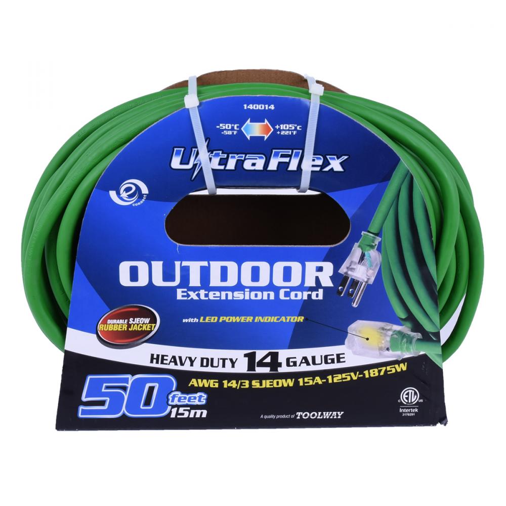 Extension Cord Outdoor SJEOW 14/3 Lighted Single Tap Green 50ft