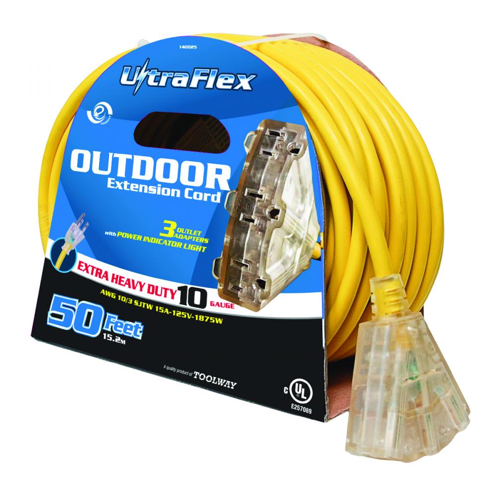 Extension Cord Outdoor SJTW 10/3 Lighted 3-Tap Yellow 100ft