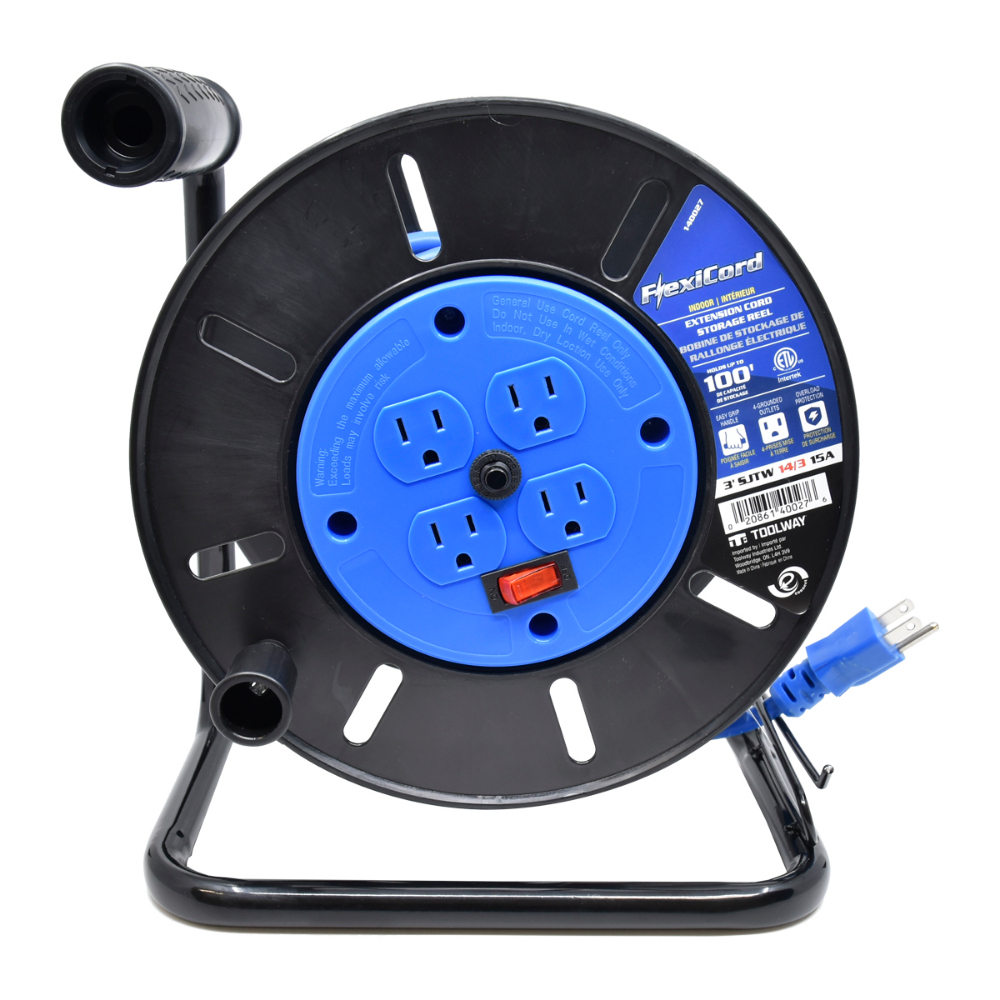 Extension Cord Plastic Storage Reel 4-Tap GFI Blue 100ft