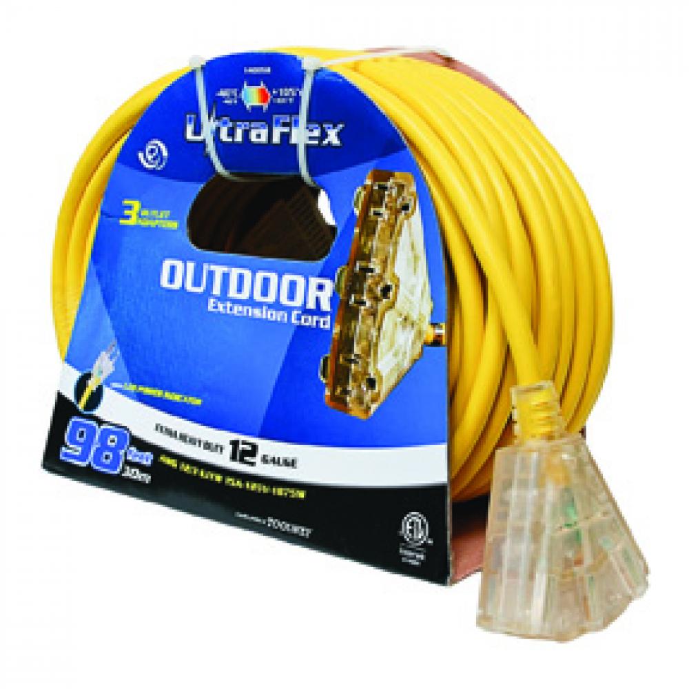 Extension Cord Outdoor SJTW 12/3 Lighted 3-Tap Yellow 30ft