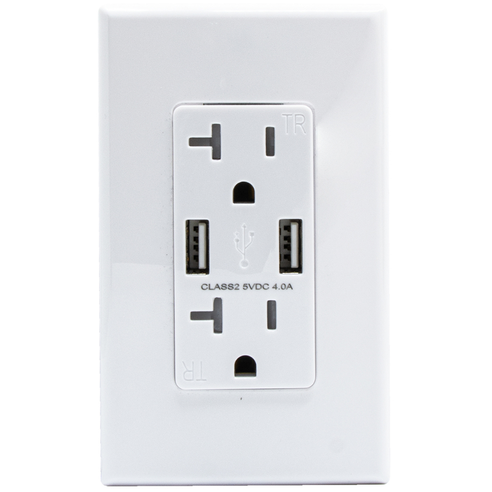 Decora 20-Amp Duplex/USB Charger Receptable with Wall Plate White