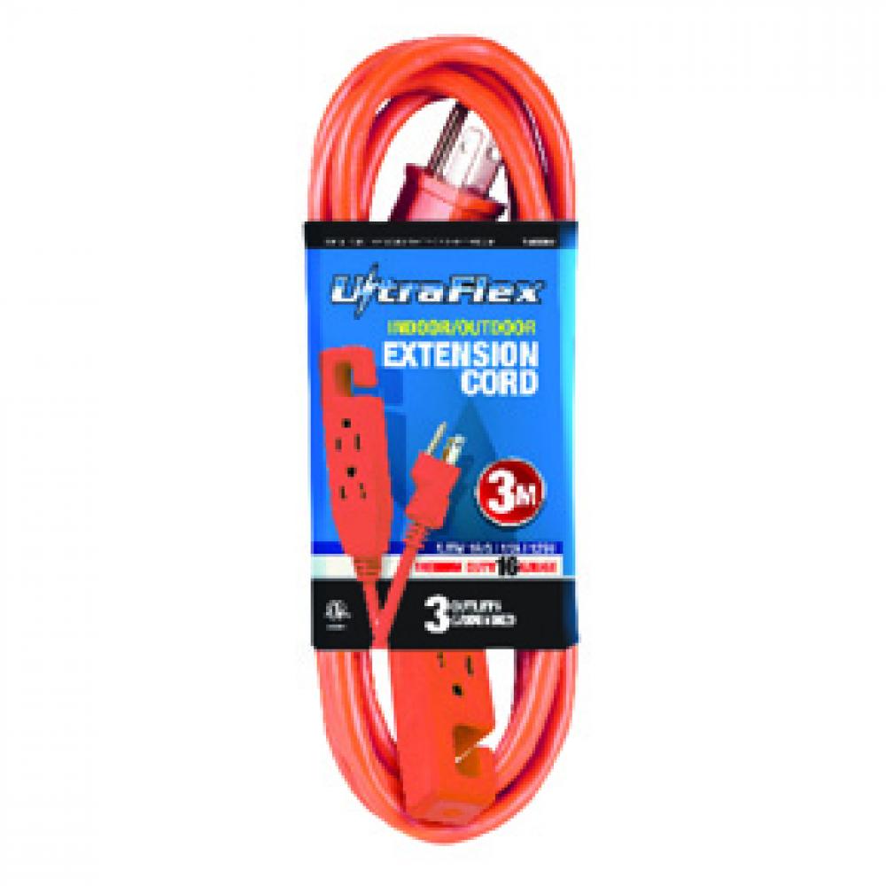 Extension Cord Indoor SJTW 16/3 3-Tap Orange 3m/9.8ft