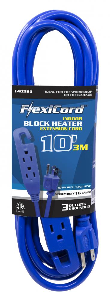 Block Heater Extension Cord Outdoor SJTW 16/3 3-Tap Blue 10ft