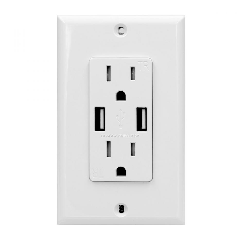 Decora 15-Amp Duplex/USB Charger Receptable with Wall Plate White