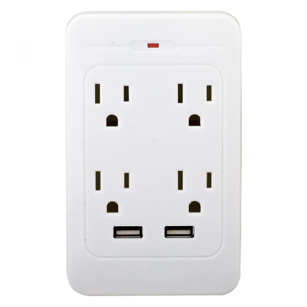 Surge Protector Grounded Wall Adapter 2-USB/4-Outlet White