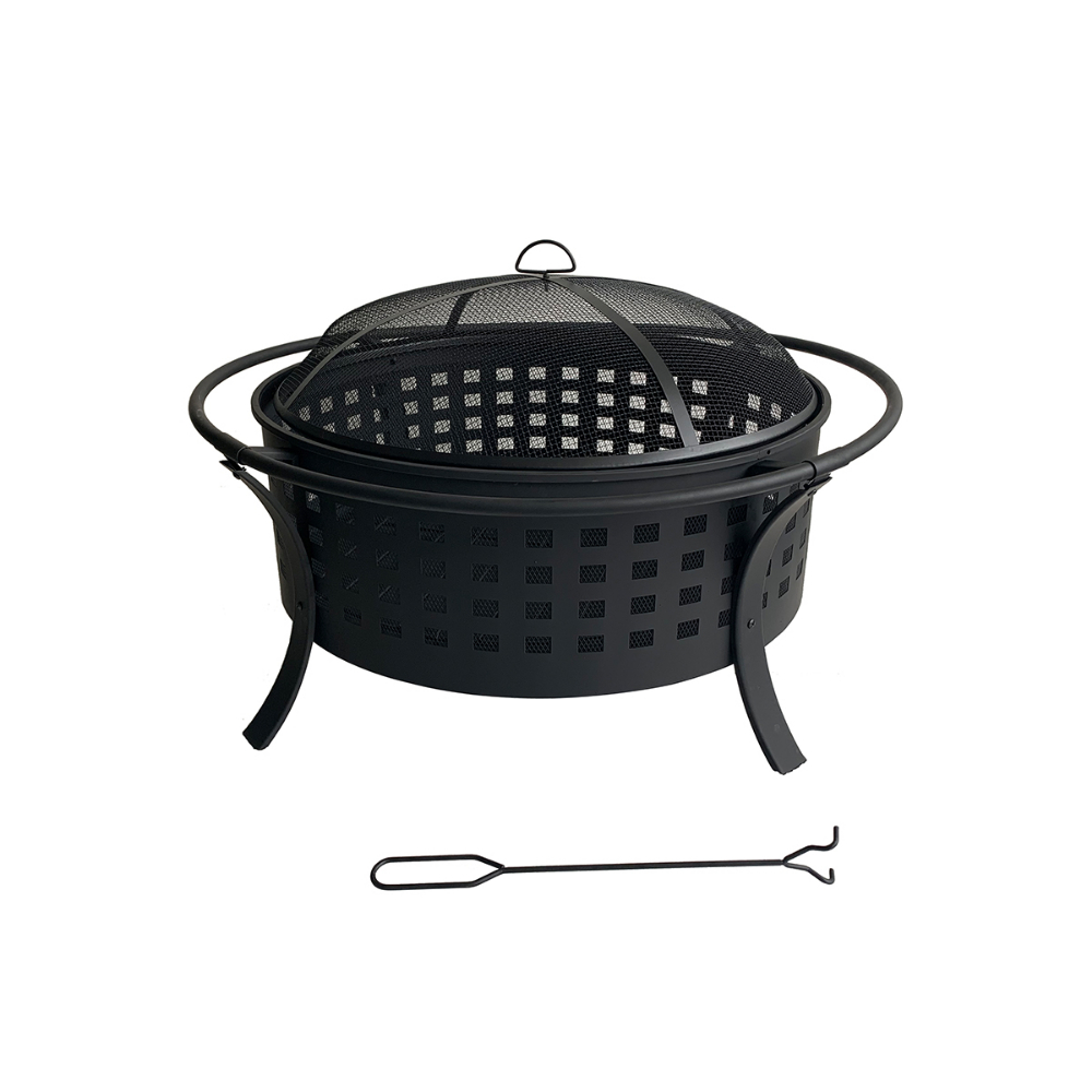 Outdoor Round Firepit With Lattice Design 35in Rustic Black