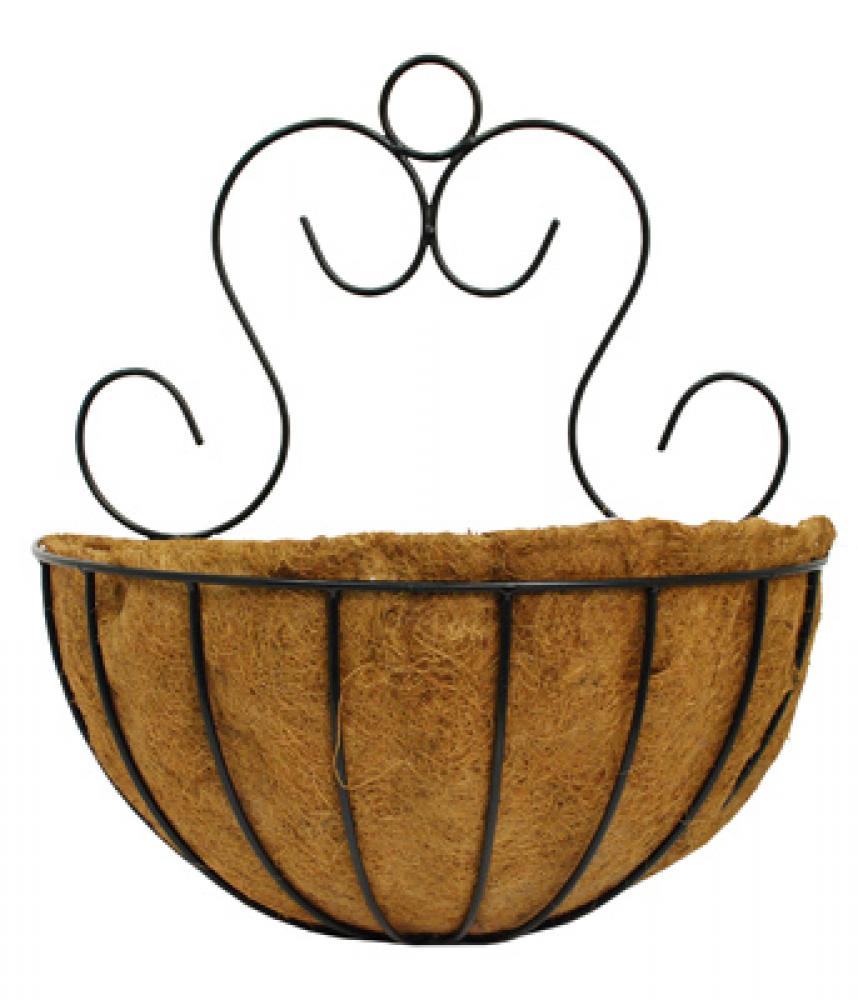 Wallmount Wire Basket Rounded Bottom with Coco Liner 20in Black