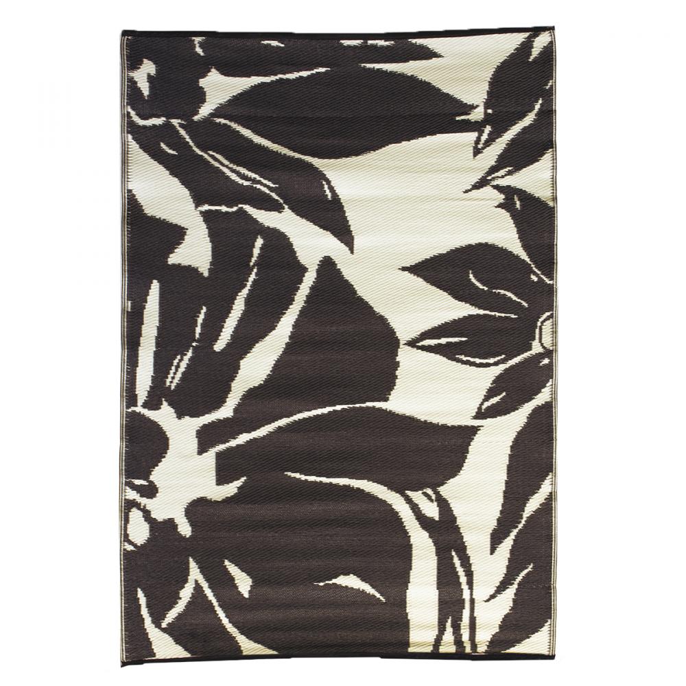 Outdoor Plastic Patio Rug Floral Abstract 8 x 10ft Black/Taupe