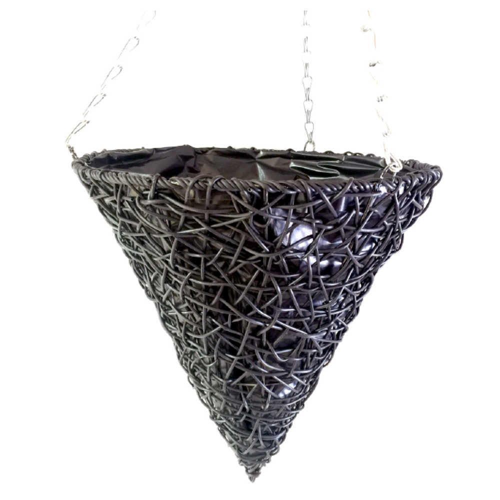 Cone Polyrattan Hanging Basket With Black Insert 12in