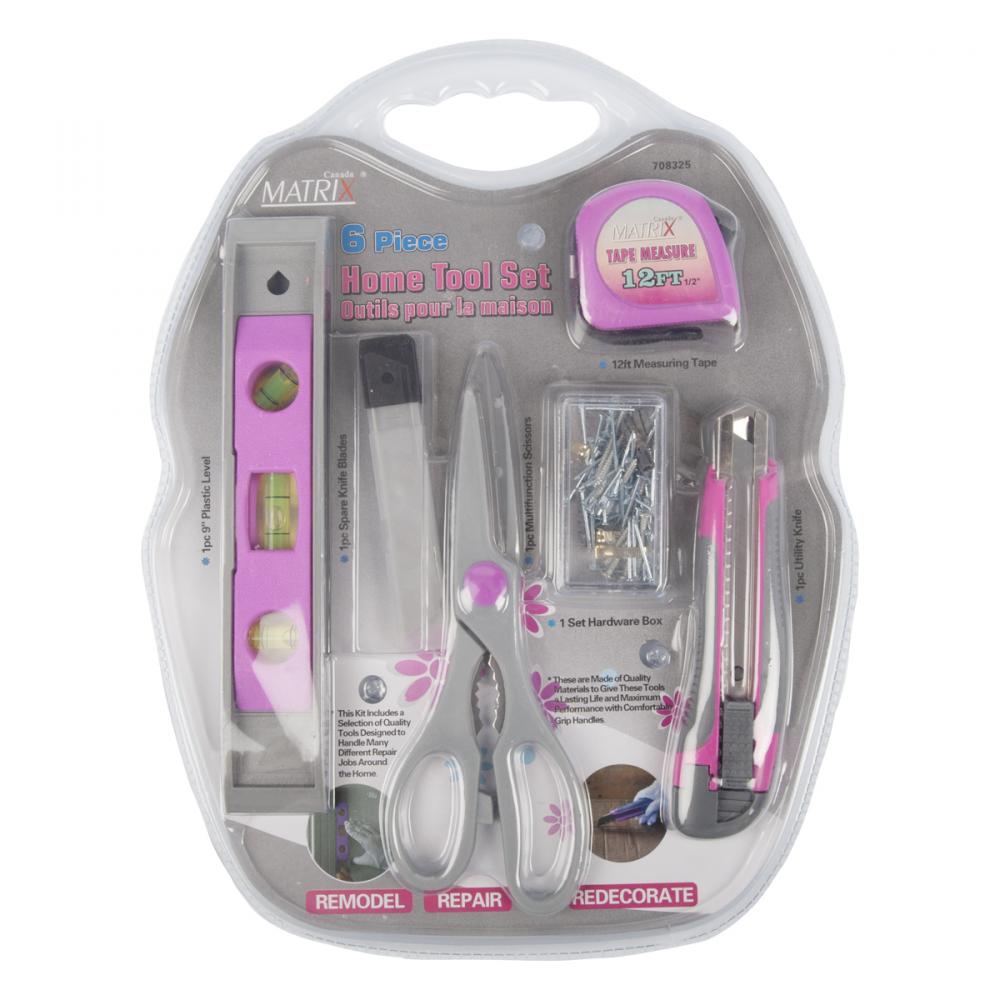 Home Repair Hand Tool Set 6Pc Pink/Grey