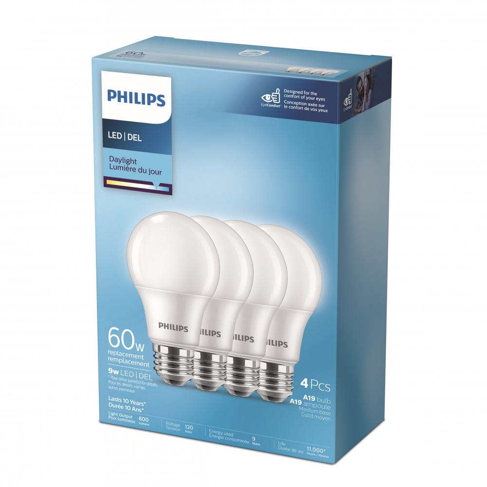 4PK Frosted LED Bulbs A19 60W E26 Daylight Non-Dimmable