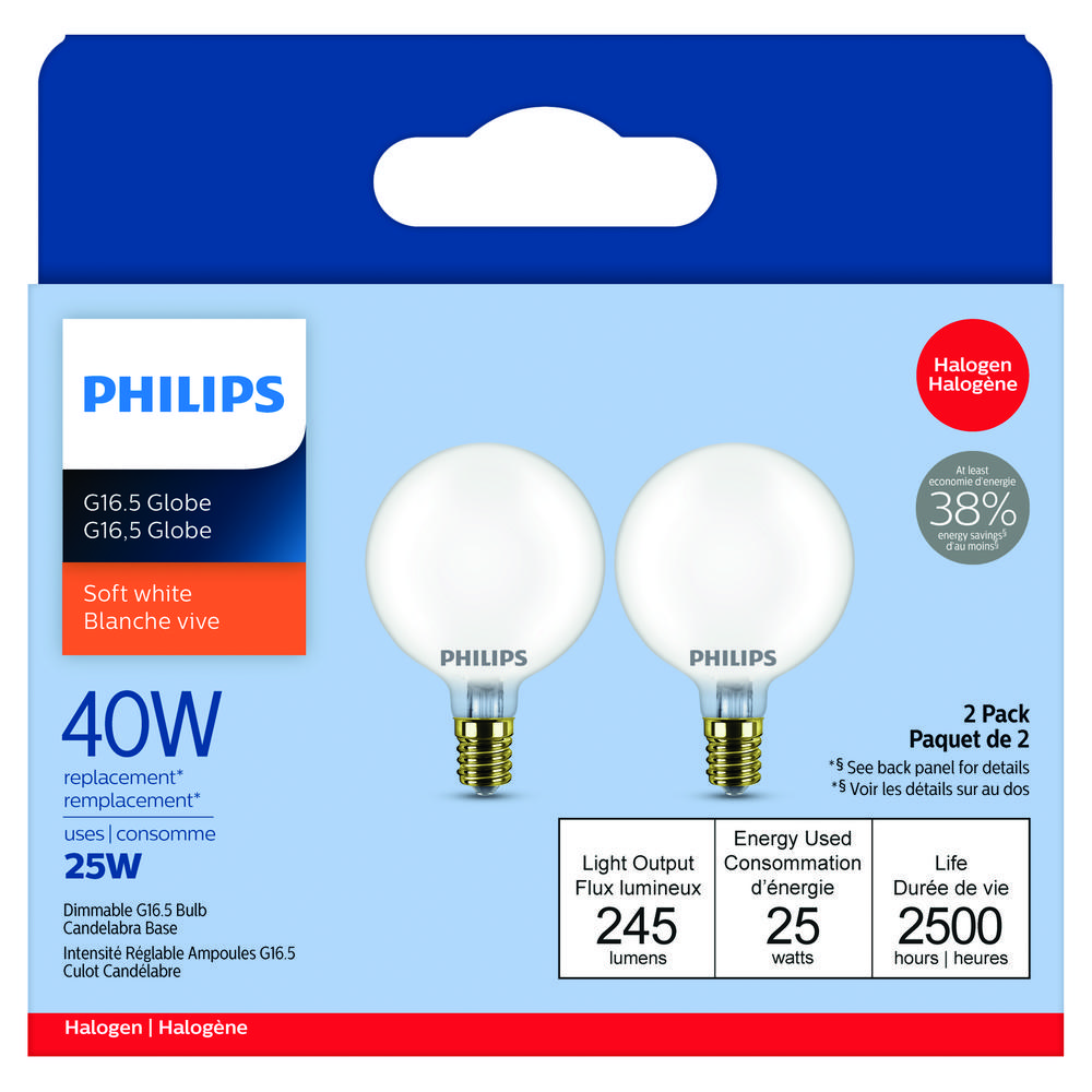 Bulb G16-1/2 Halogen Energy Saver Dimmable Soft White 25W 2Pk