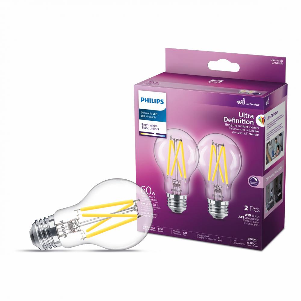 2PK Ultra Definition Clear LED Bulbs A19 60W E26 Bright White Dimmable