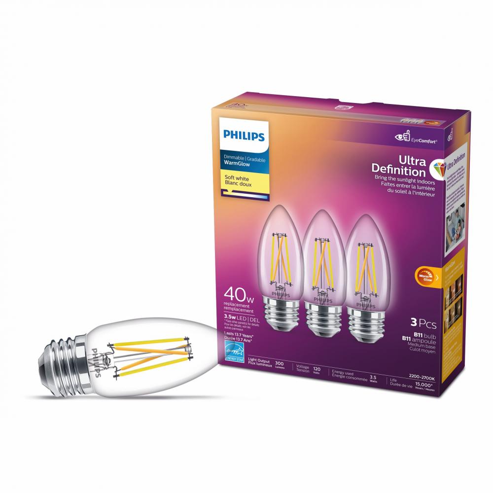 3PK Bulbs B11 Ultra Def. Chandelier LED E26 3.5W=40W S.White