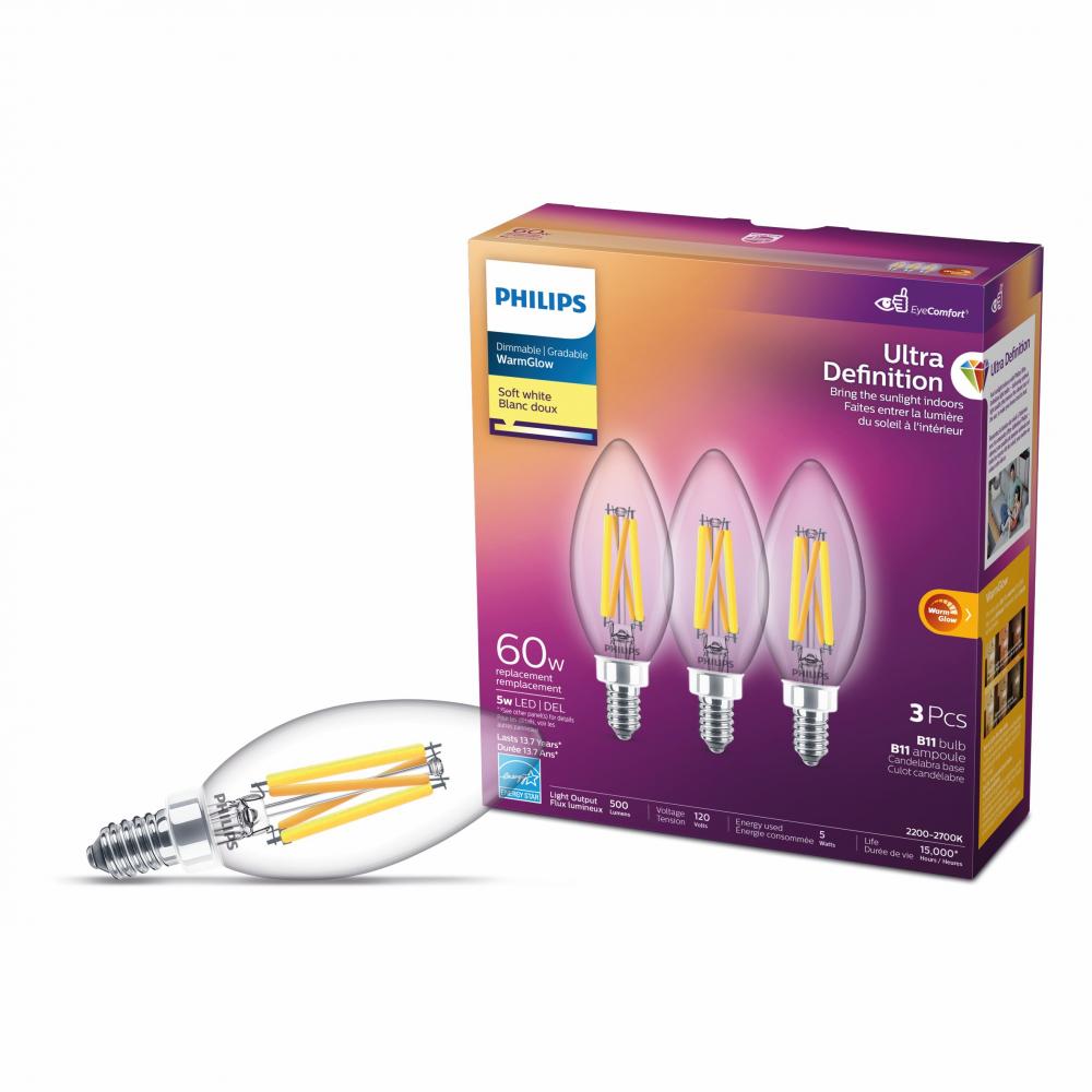 3PK Bulbs B11 Ultra Def. Chandelier LED E12 5W=60W Soft White