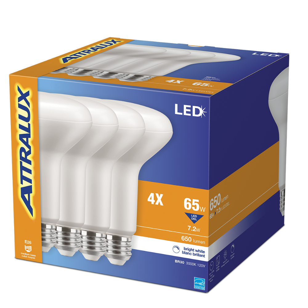 Attralux Bulb BR30 Flood LED Dimmable 7.2W Bright White 4PK