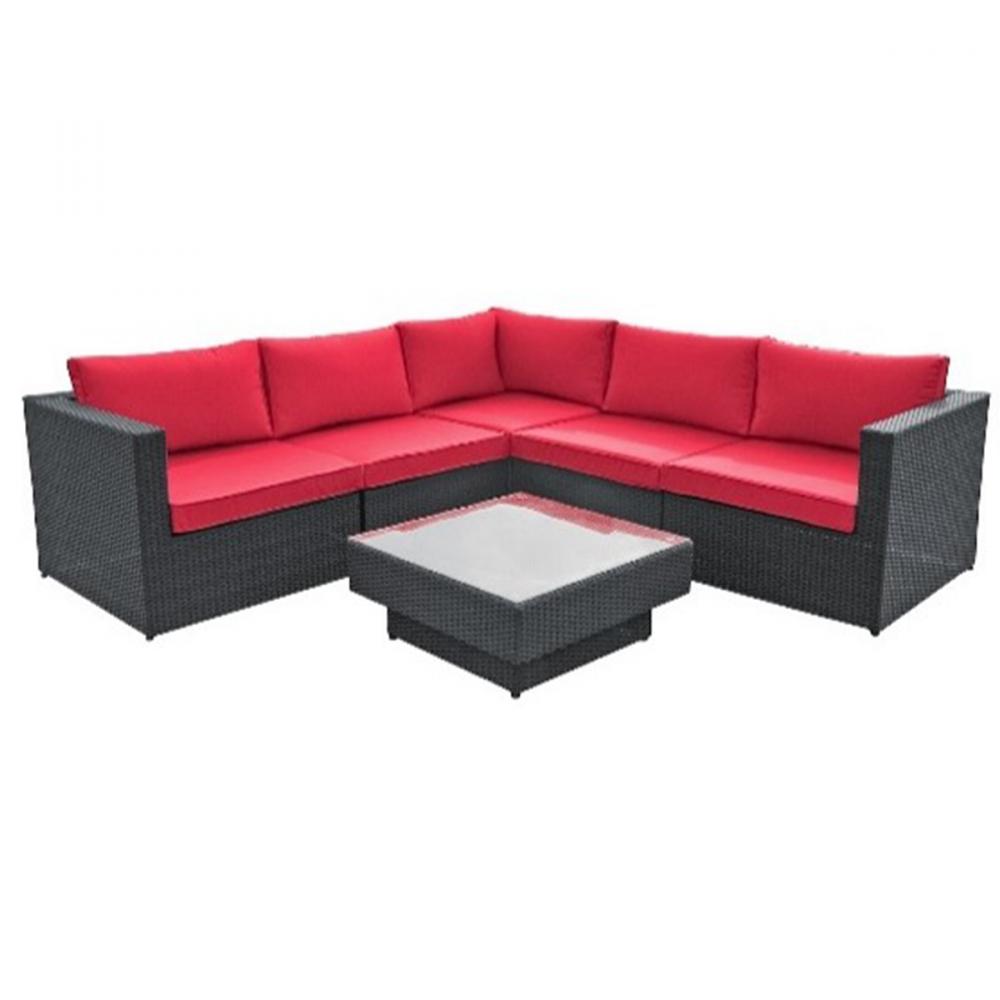 6Pc Modular Wicker Sofa Set with Red Cushions Black