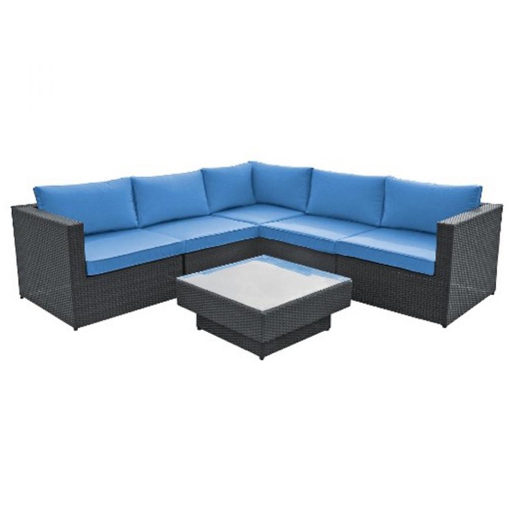 6Pc Modular Wicker Sofa Set with Blue Cushions Black