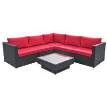 Toolway 88053100 - 6Pc Modular Wicker Sofa Set with Red Cushions Black